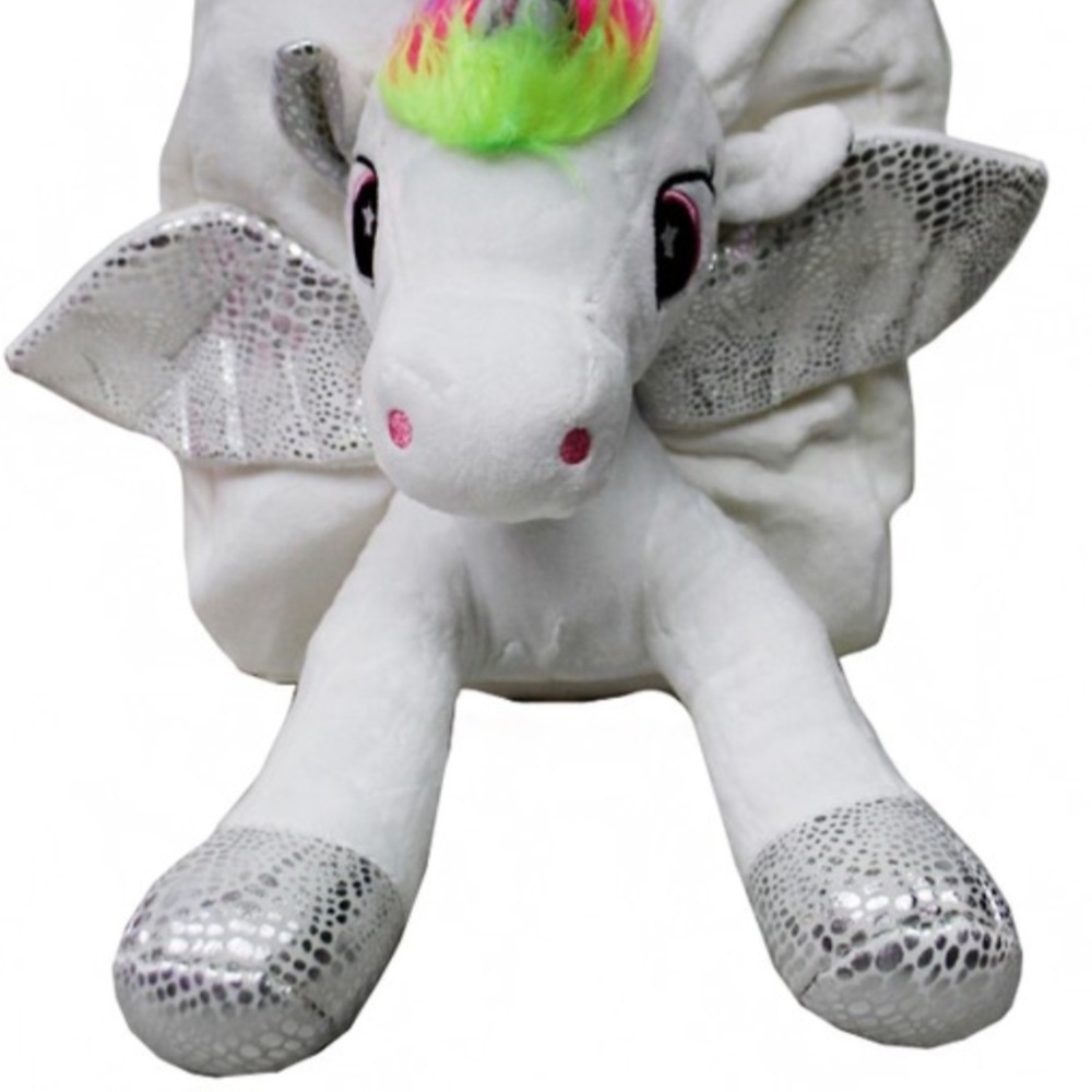 First Two Photos 3D Unicorn Metallic Sequin Fuzzy Furry Plush Backpack Bag - Picture 5 of 10